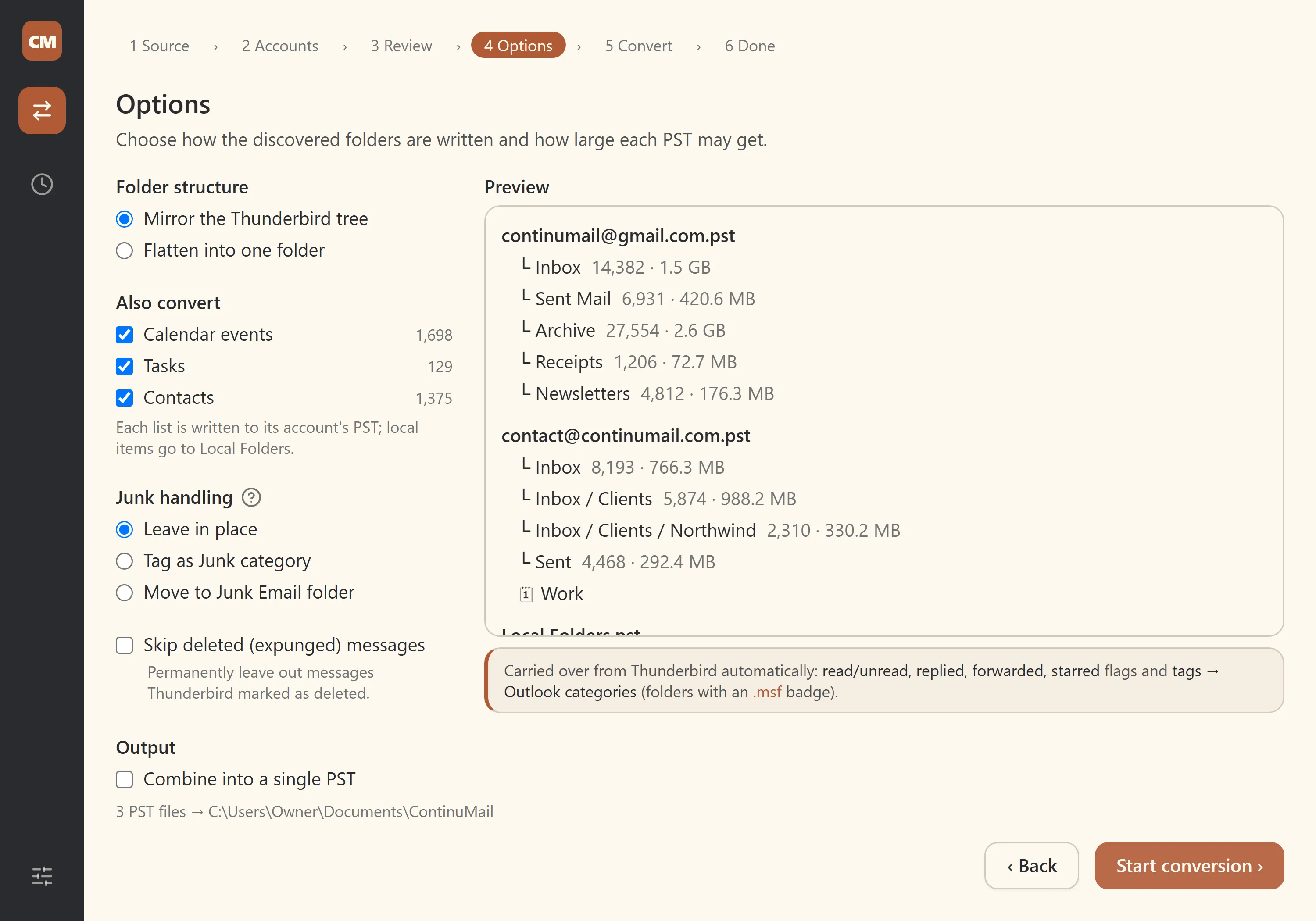 ContinuMail Converter on the Options step, showing the resulting Outlook PST folder tree with per-folder message counts and sizes